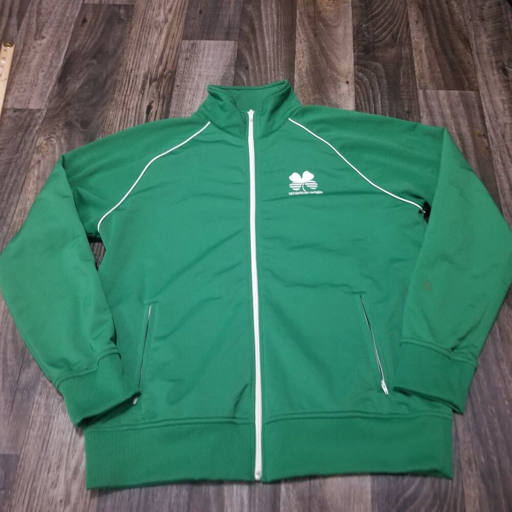 Y2K American Eagle Green Fleece Full Zip Sweatshirt Large Clover (Stains)